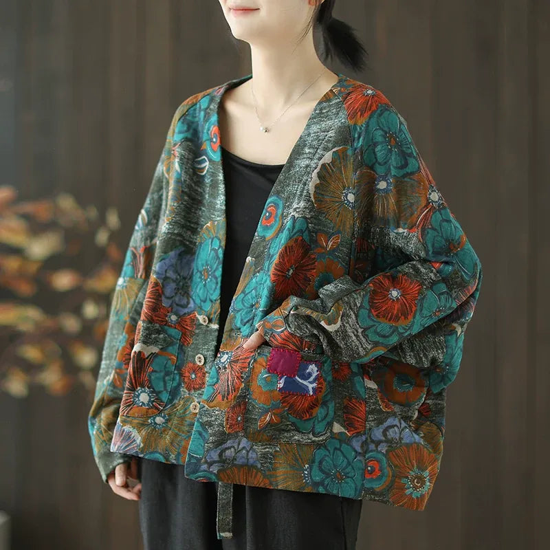 Retro Floral Print Batwing Sleeve Tie Belt Jacket