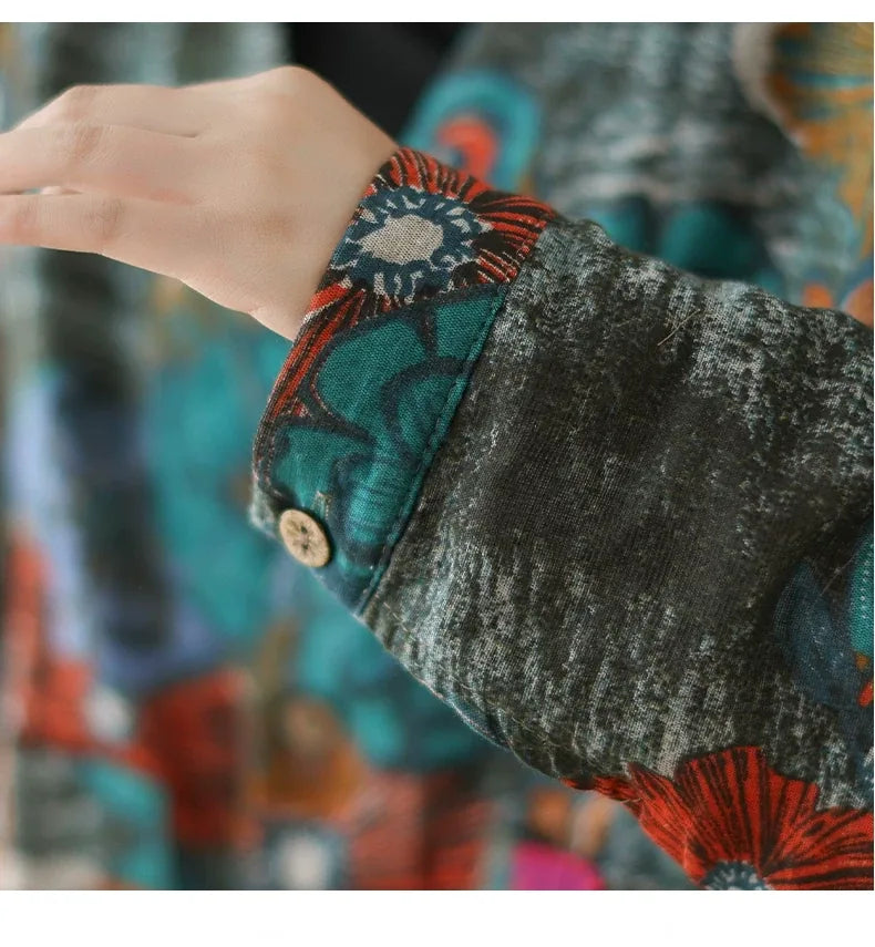 Retro Floral Print Batwing Sleeve Tie Belt Jacket
