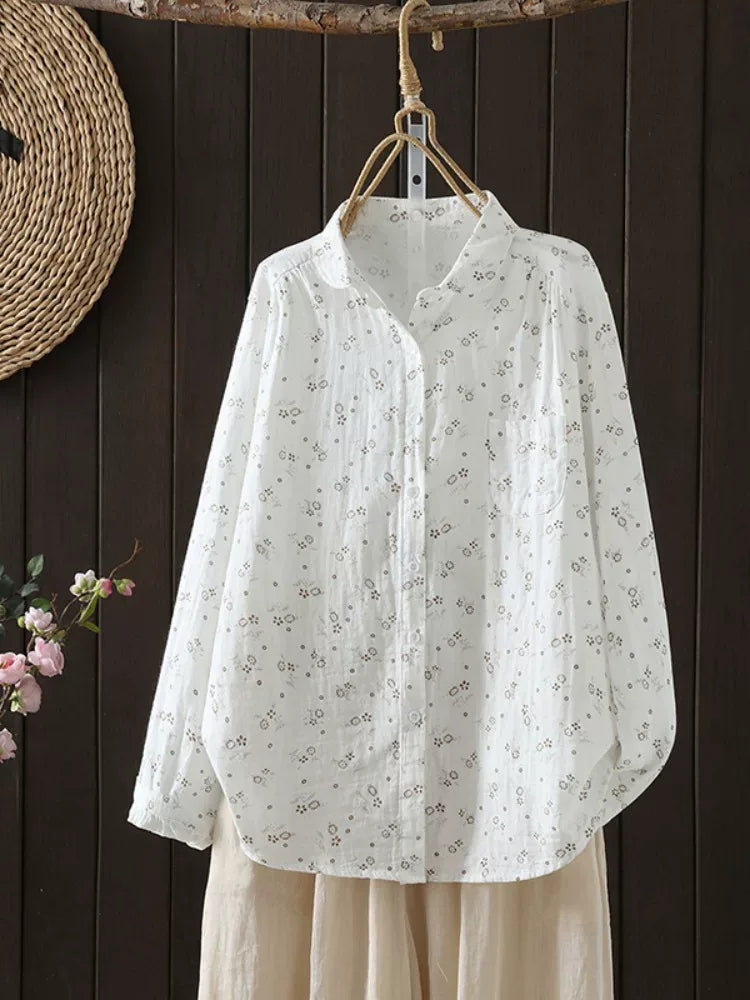 Retro Floral Print Double-Layer Gauze Button-Front Shirt