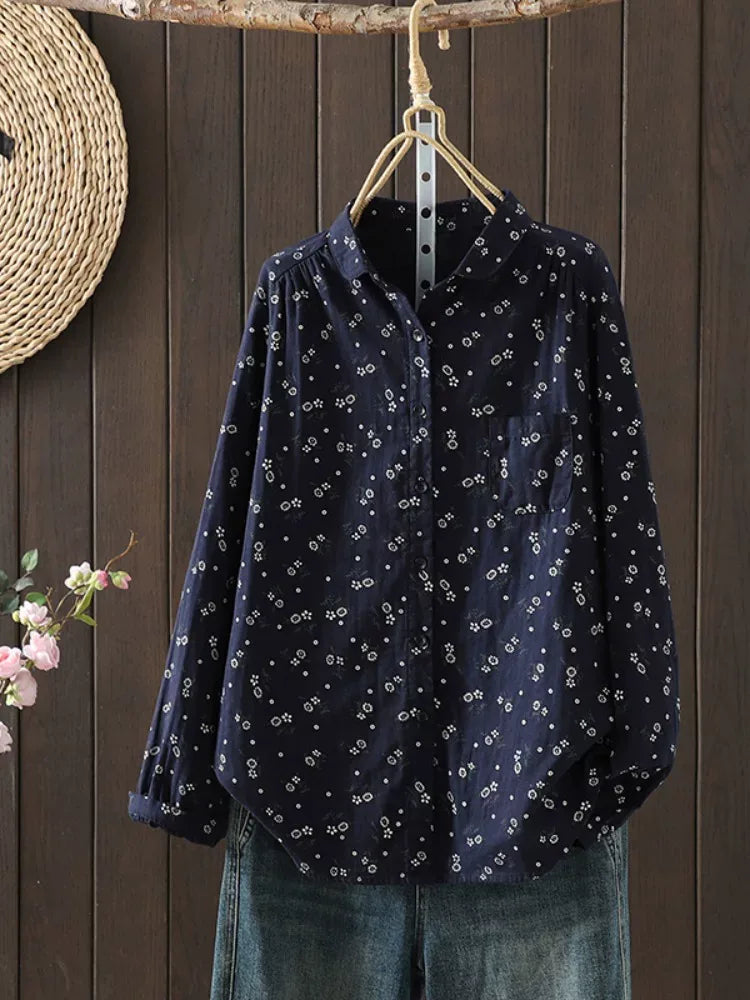 Retro Floral Print Double-Layer Gauze Button-Front Shirt