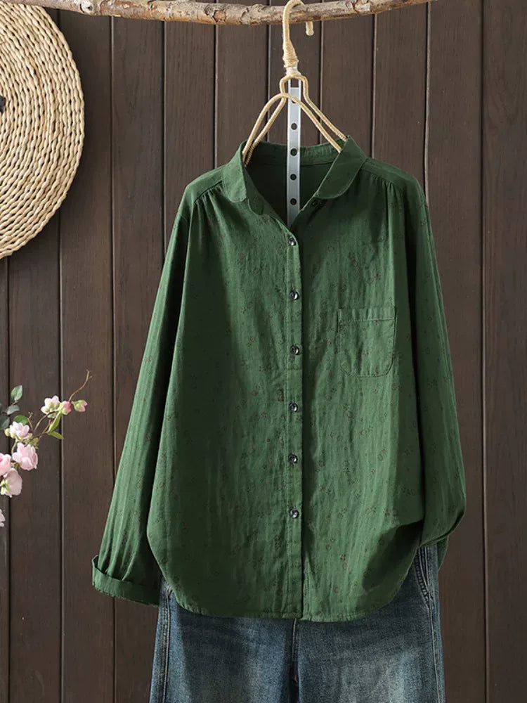 Retro Floral Print Double-Layer Gauze Button-Front Shirt