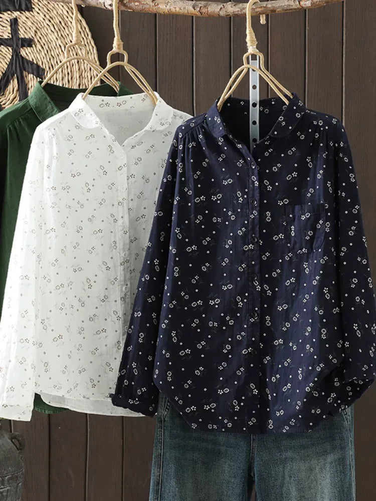Retro Floral Print Double-Layer Gauze Button-Front Shirt