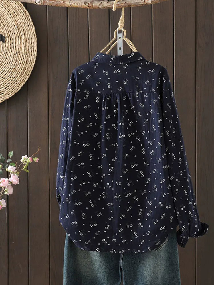Retro Floral Print Double-Layer Gauze Button-Front Shirt