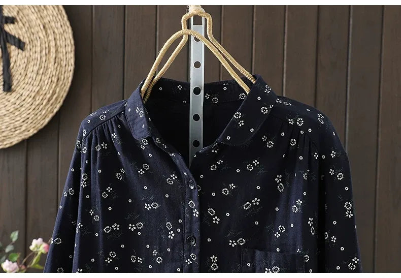 Retro Floral Print Double-Layer Gauze Button-Front Shirt