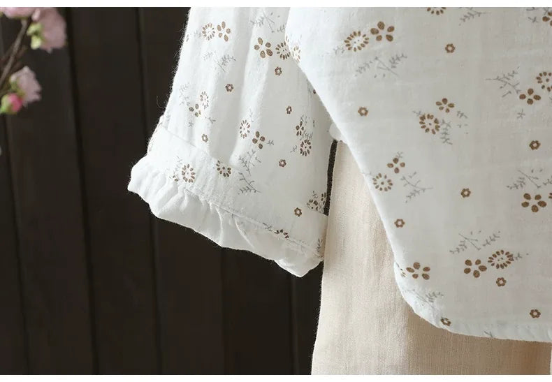 Retro Floral Print Double-Layer Gauze Button-Front Shirt