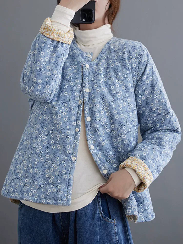 Retro Floral Print Padded Jacket with Contrast Cuffs