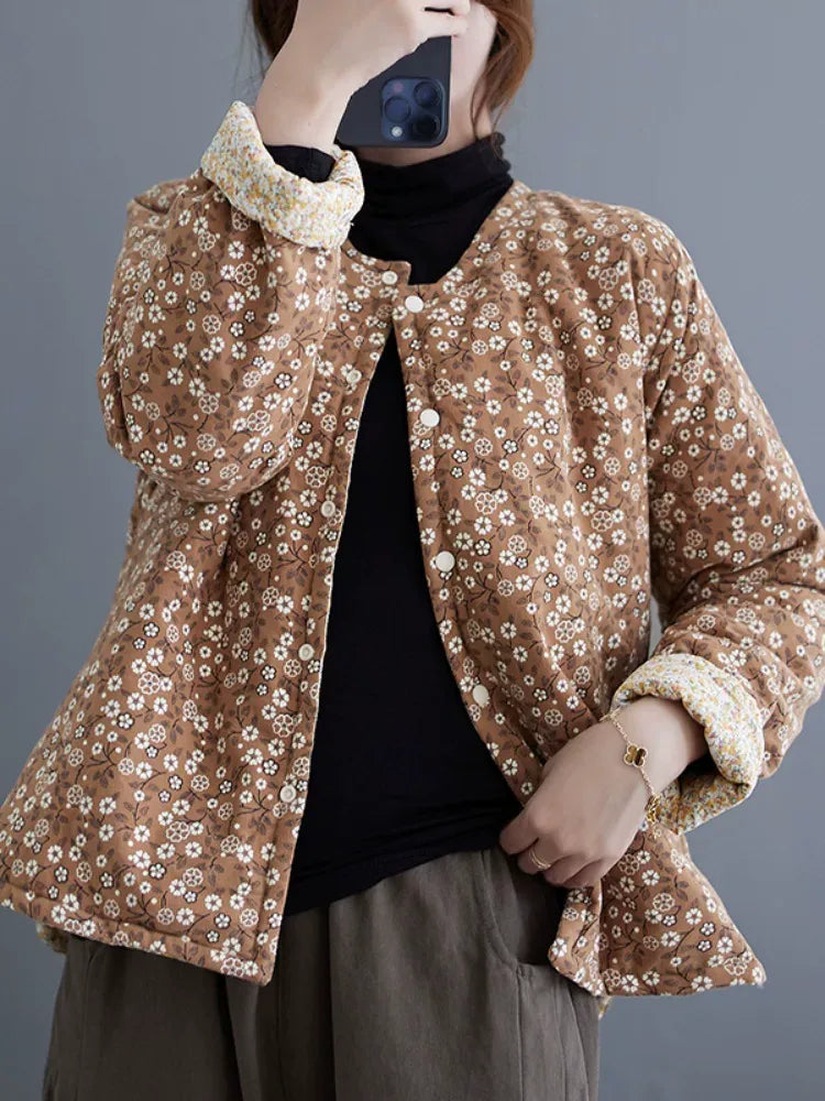 Retro Floral Print Padded Jacket with Contrast Cuffs