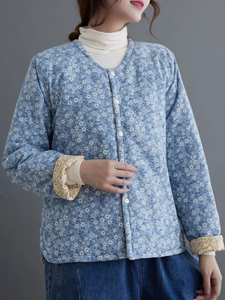Retro Floral Print Padded Jacket with Contrast Cuffs