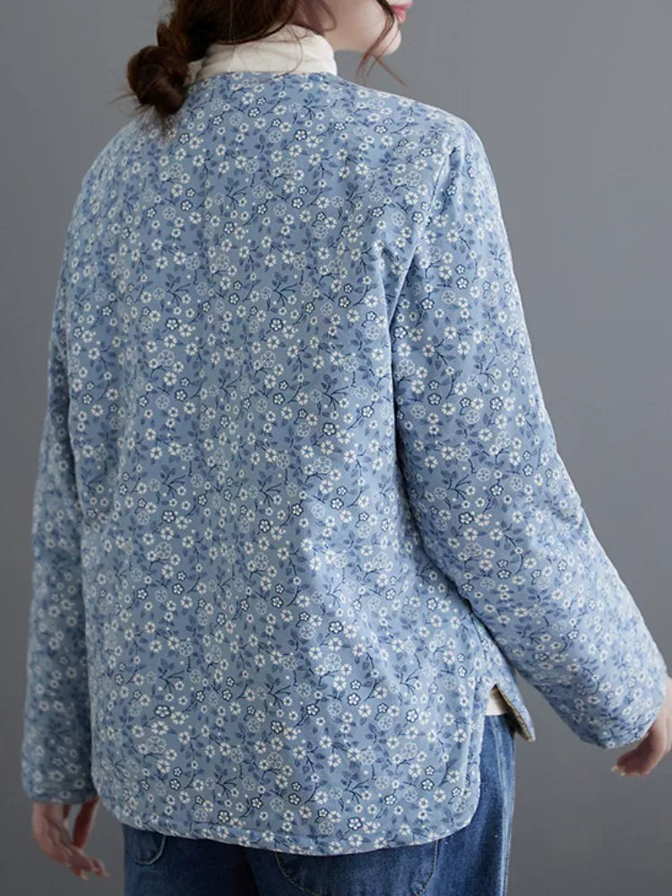 Retro Floral Print Padded Jacket with Contrast Cuffs