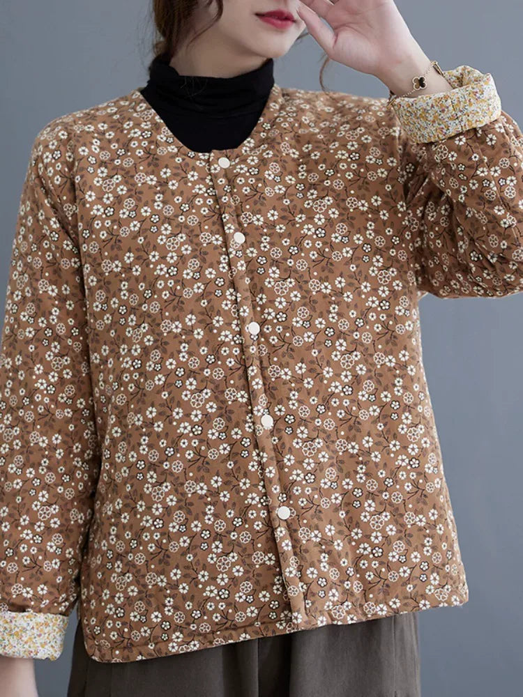 Retro Floral Print Padded Jacket with Contrast Cuffs