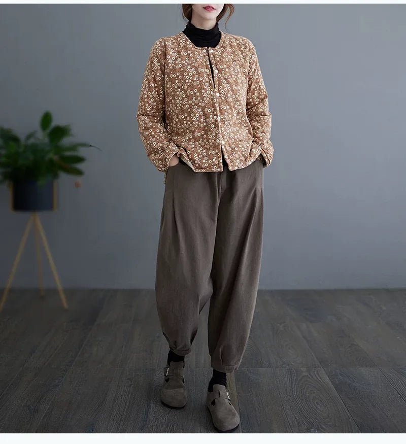 Retro Floral Print Padded Jacket with Contrast Cuffs