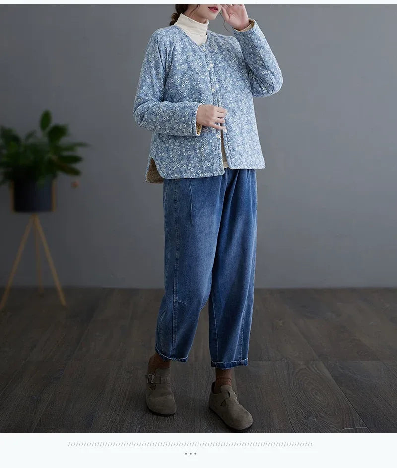 Retro Floral Print Padded Jacket with Contrast Cuffs