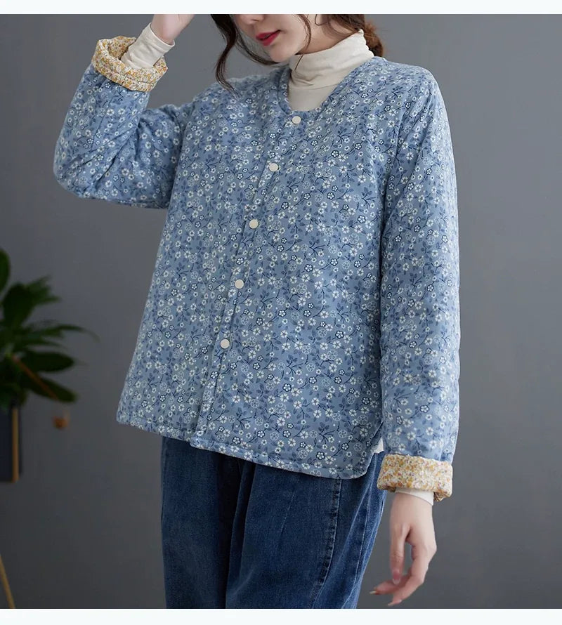 Retro Floral Print Padded Jacket with Contrast Cuffs