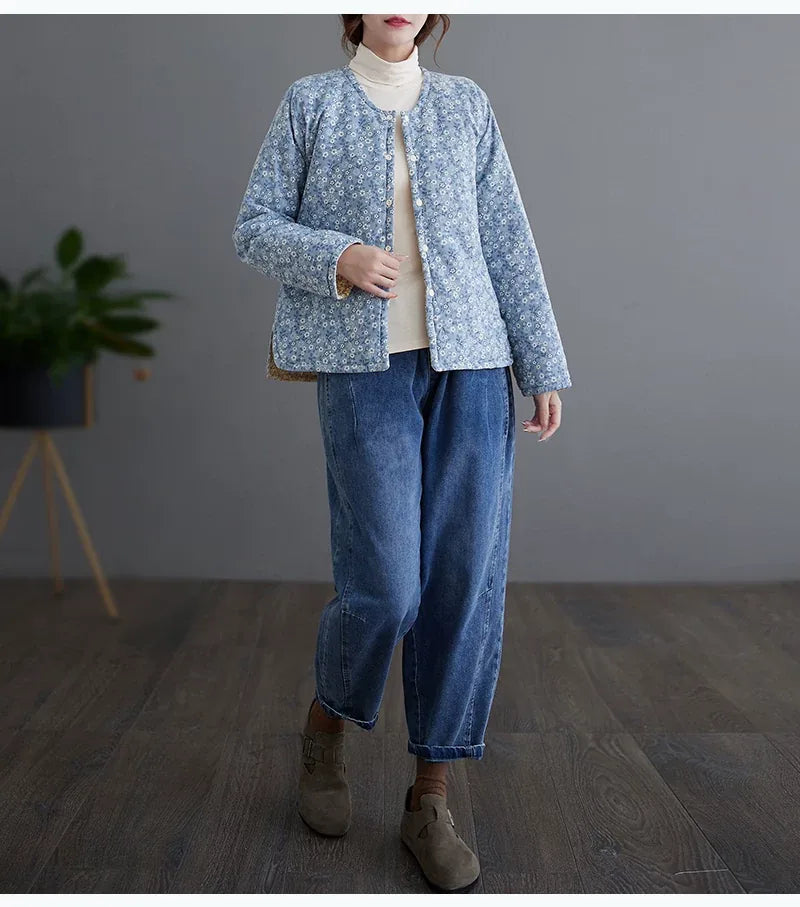 Retro Floral Print Padded Jacket with Contrast Cuffs