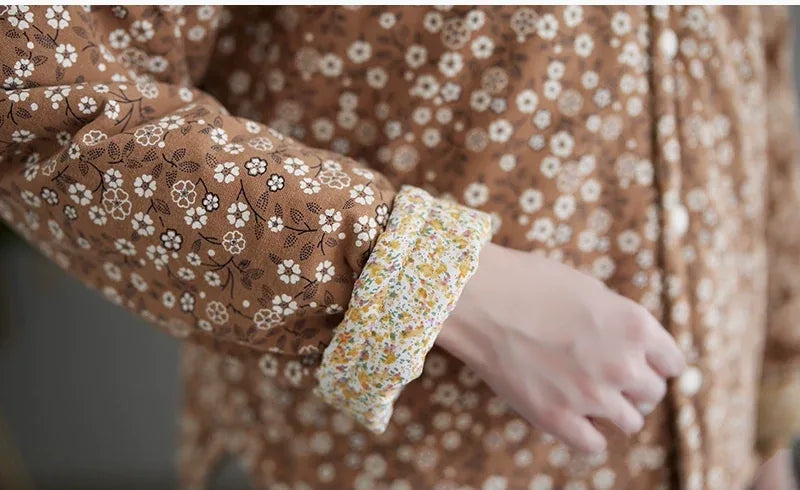 Retro Floral Print Padded Jacket with Contrast Cuffs