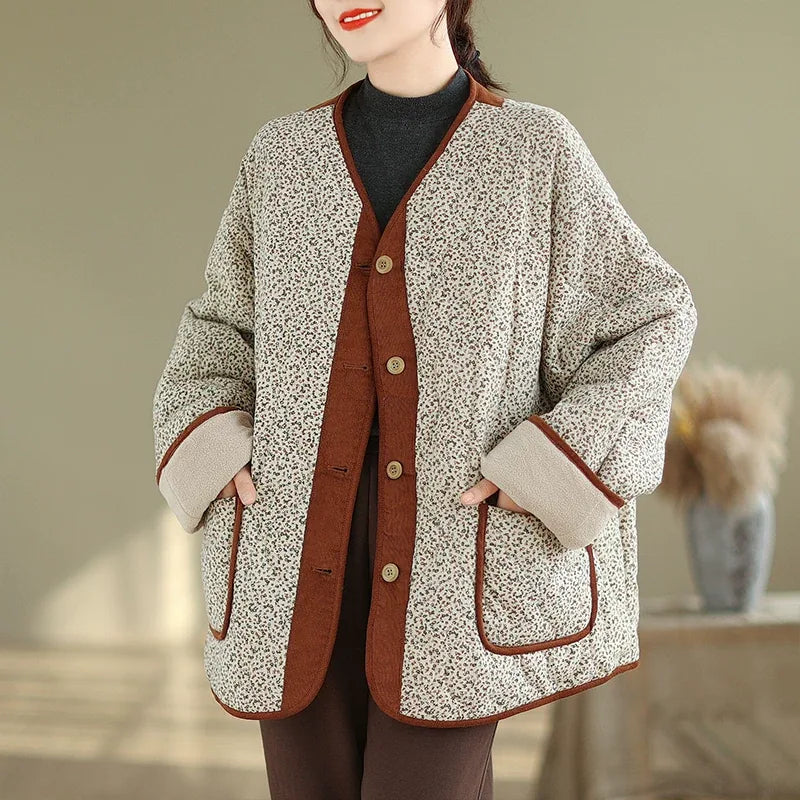 Retro Floral Quilted Fleece-Lined Jacket
