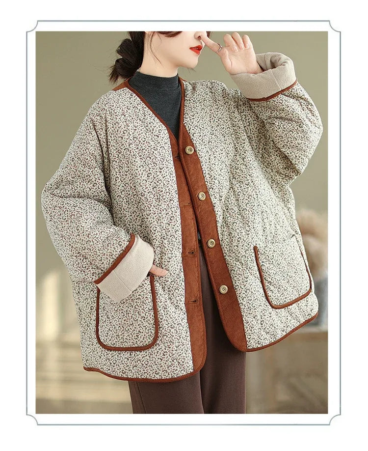 Retro Floral Quilted Fleece-Lined Jacket