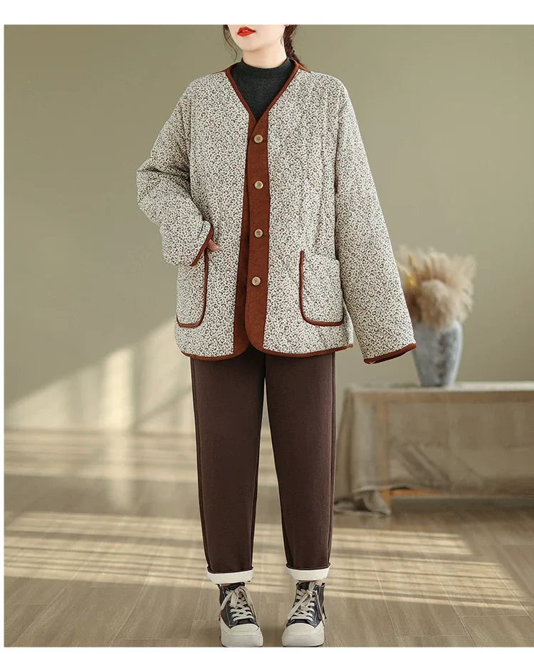Retro Floral Quilted Fleece-Lined Jacket