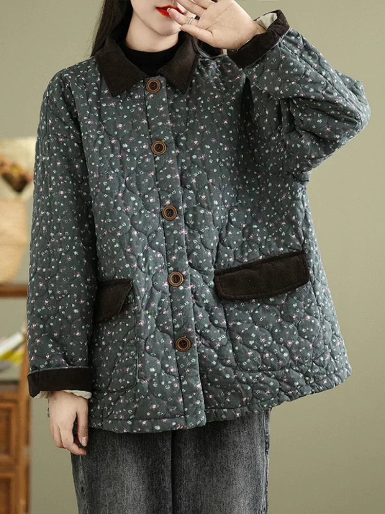 Retro Floral Quilted Padded Jacket with Contrast Collar