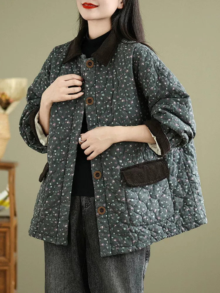 Retro Floral Quilted Padded Jacket with Contrast Collar