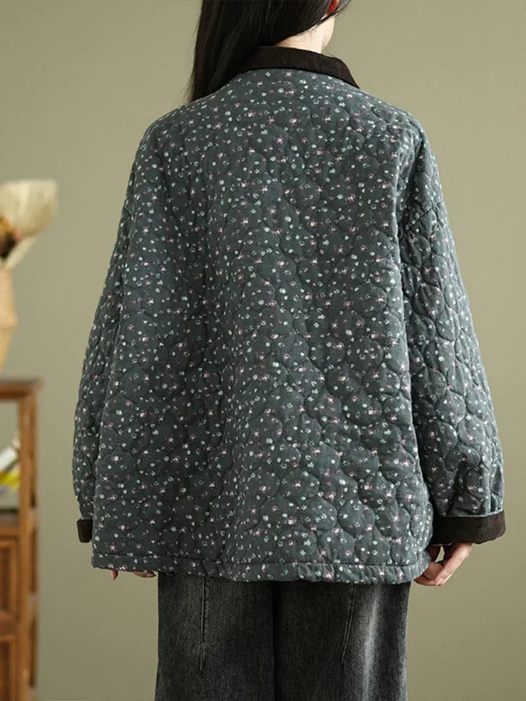 Retro Floral Quilted Padded Jacket with Contrast Collar