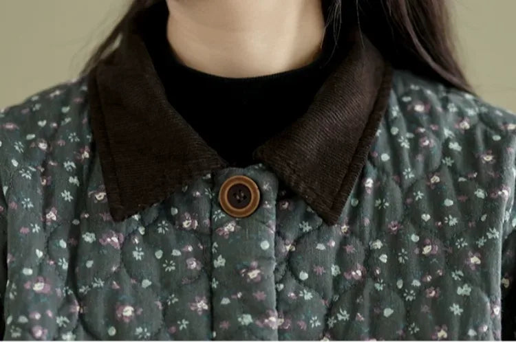Retro Floral Quilted Padded Jacket with Contrast Collar