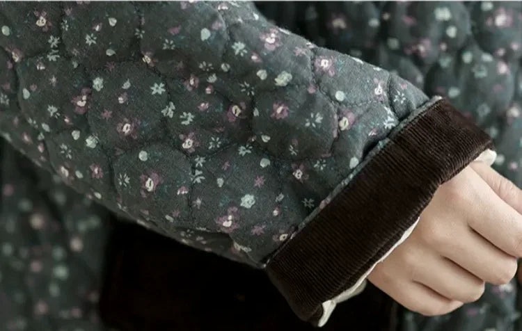 Retro Floral Quilted Padded Jacket with Contrast Collar