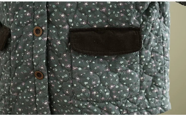 Retro Floral Quilted Padded Jacket with Contrast Collar
