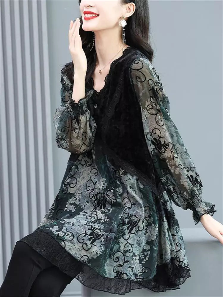 Women's Retro Floral Printed Chiffon Velvet Patchwork Blouse