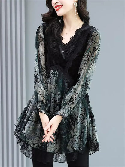 Damenbluse aus Chiffon-Samt mit Retro-Blumenmuster und Patchwork-Design