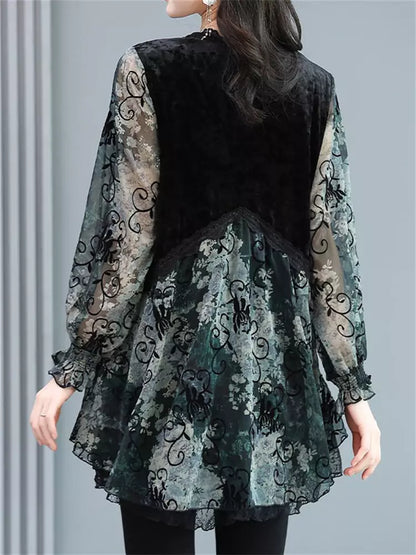 Damenbluse aus Chiffon-Samt mit Retro-Blumenmuster und Patchwork-Design