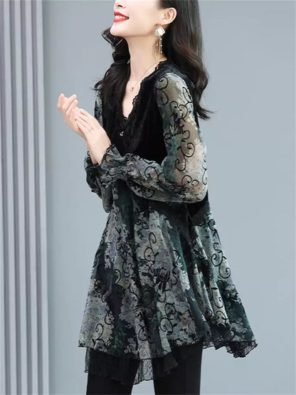 Damenbluse aus Chiffon-Samt mit Retro-Blumenmuster und Patchwork-Design