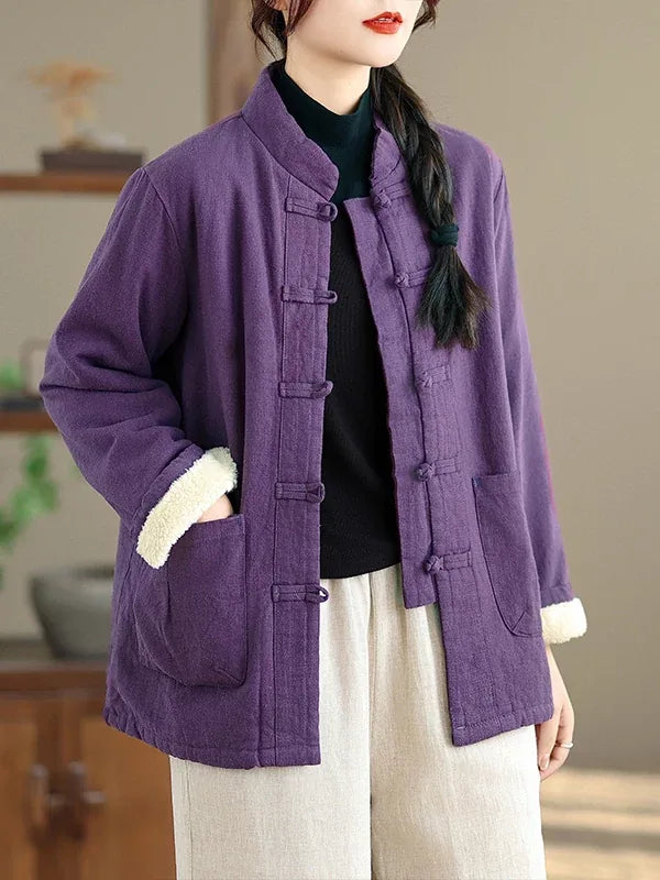 Retro Frog Button Mandarin Collar Fleece-Lined Padded Jacket