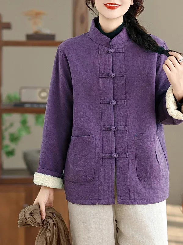 Retro Frog Button Mandarin Collar Fleece-Lined Padded Jacket