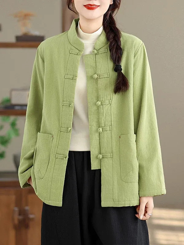 Retro Frog Button Mandarin Collar Fleece-Lined Padded Jacket