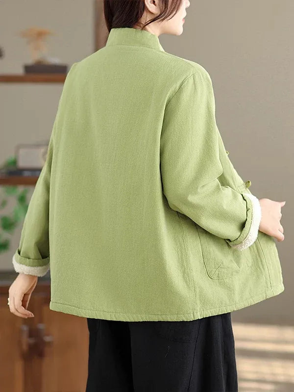 Retro Frog Button Mandarin Collar Fleece-Lined Padded Jacket