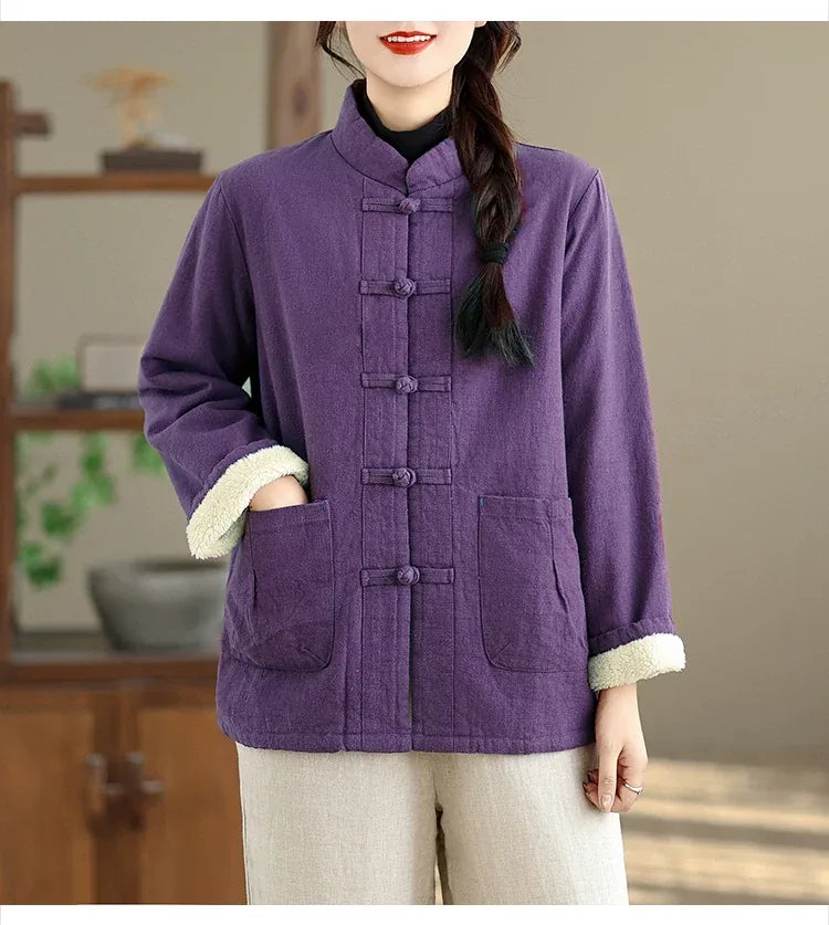 Retro Frog Button Mandarin Collar Fleece-Lined Padded Jacket