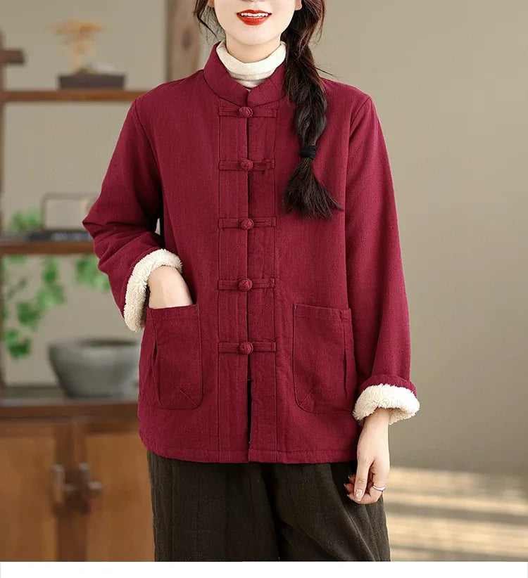 Retro Frog Button Mandarin Collar Fleece-Lined Padded Jacket