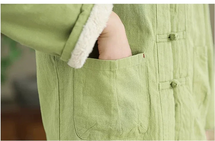 Retro Frog Button Mandarin Collar Fleece-Lined Padded Jacket