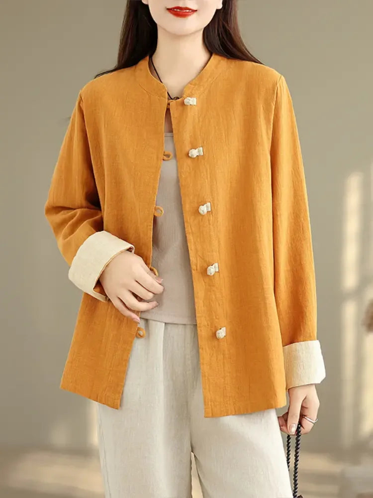 Retro Frog Button Mandarin Collar Long Sleeve Shirt