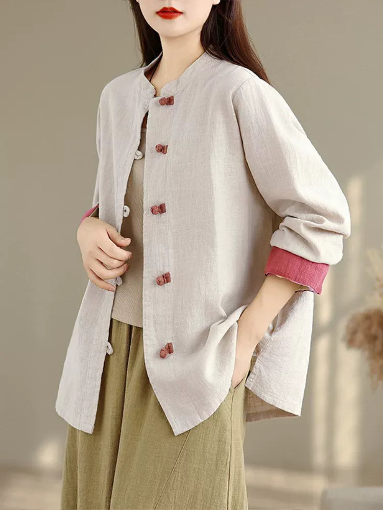 Retro Frog Button Mandarin Collar Long Sleeve Shirt