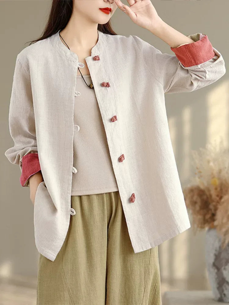 Retro Frog Button Mandarin Collar Long Sleeve Shirt