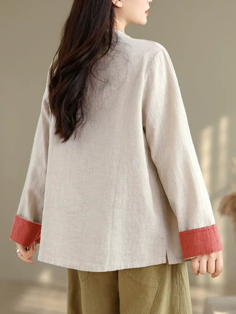 Retro Frog Button Mandarin Collar Long Sleeve Shirt