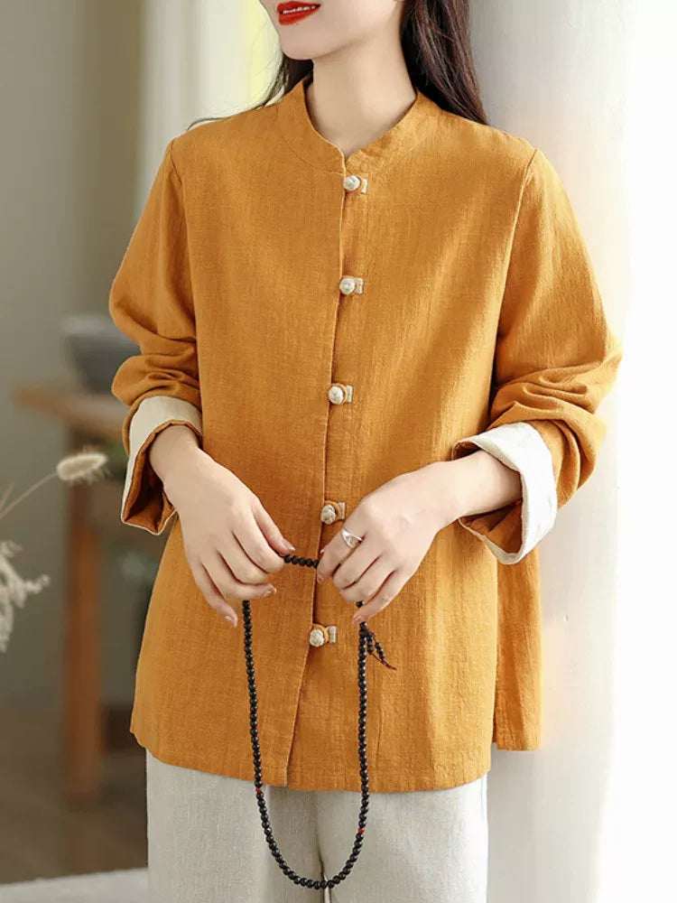 Retro Frog Button Mandarin Collar Long Sleeve Shirt