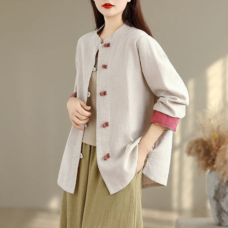 Retro Frog Button Mandarin Collar Long Sleeve Shirt - Natural Linen