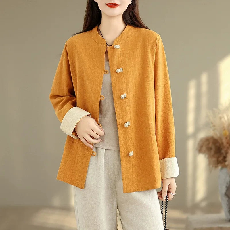 Retro Frog Button Mandarin Collar Long Sleeve Shirt - Orange