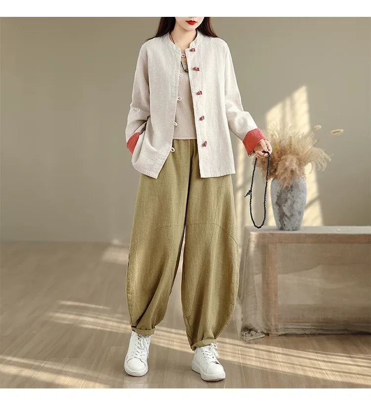 Retro Frog Button Mandarin Collar Long Sleeve Shirt