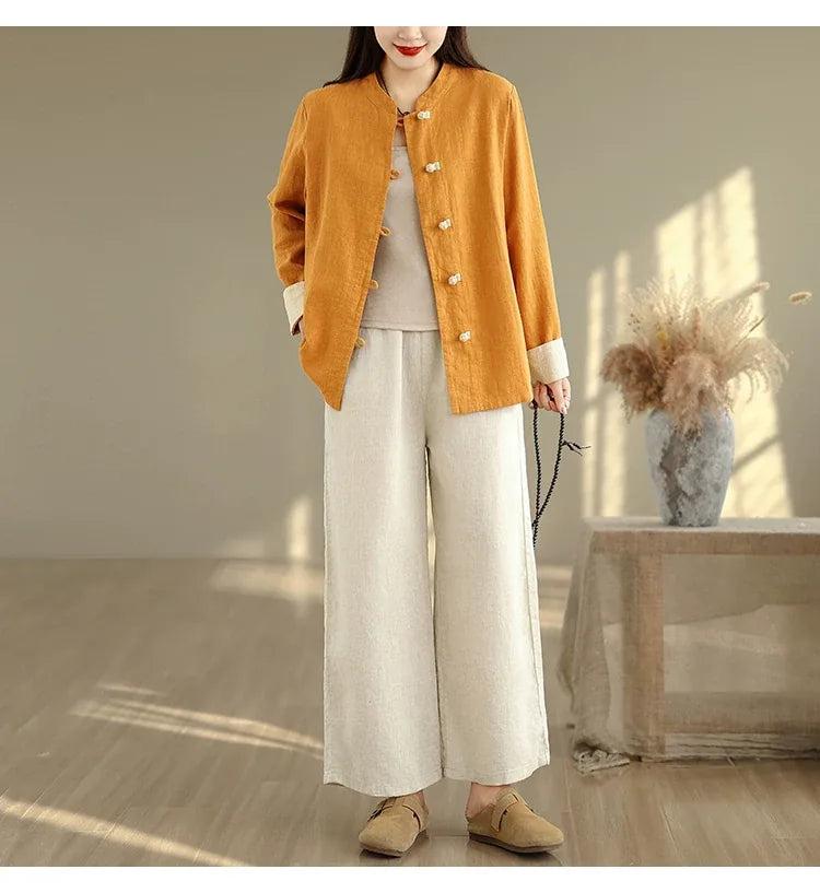 Retro Frog Button Mandarin Collar Long Sleeve Shirt