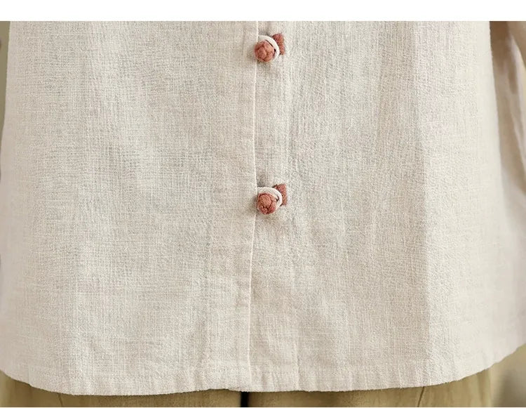 Retro Frog Button Mandarin Collar Long Sleeve Shirt