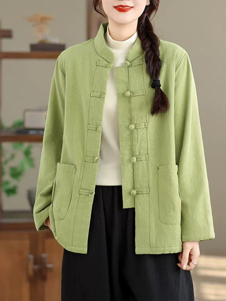Retro Frog Button Mandarin Collar Padded Jacket